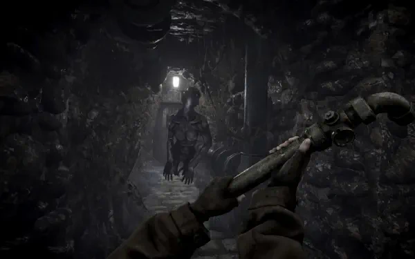 A dark, eerie corridor from the video game Total Chaos, featuring a menacing figure in the shadows, with a player character holding a pipe as they navigate the haunting environment.