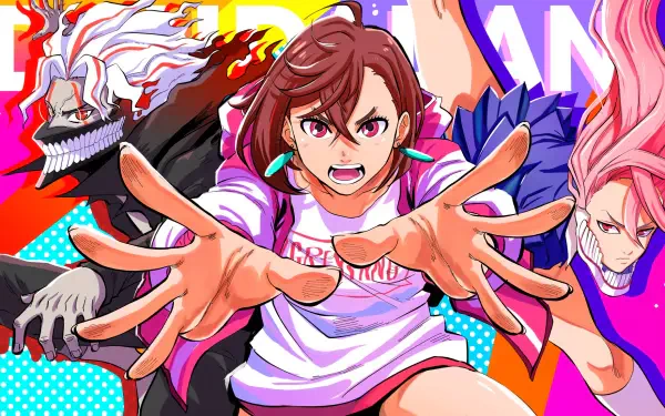 HD PC wallpaper of Dandadan anime: Momo Ayase and Aira Shiratori lunging toward the viewer with bold pop‑art colors and dynamic, high‑energy poses.