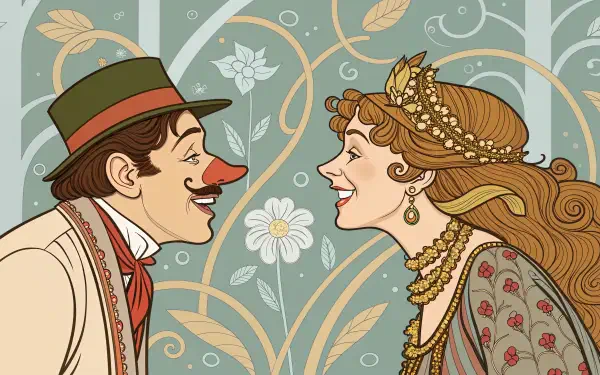 A whimsical illustration featuring a man with a clown nose and a woman in elegant attire, both smiling at each other against a floral backdrop, capturing a lighthearted comedy theme.