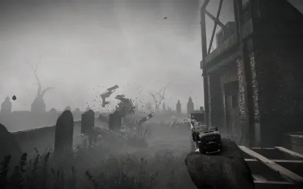 A gritty, atmospheric scene from the video game Total Chaos, showcasing a character aiming a gun amidst a foggy, desolate landscape, rendered in stunning 4K Ultra HD.
