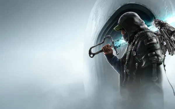 A stormy figure wielding a weapon stands against a mysterious backdrop in this 4K Ultra HD wallpaper for the video game Hell is Us.