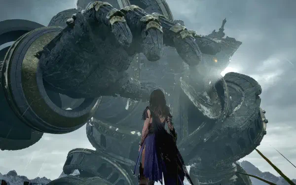 A dramatic scene from the video game Tides of Annihilation, featuring a character gazing up at a colossal, intricately designed robotic hand against a moody sky. 4K Ultra HD.