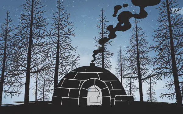 A stylized igloo rises amidst tall, dark trees under a starry sky, with a trail of smoke curling upwards. This captivating image serves as a 4K Ultra HD PC desktop wallpaper and background.