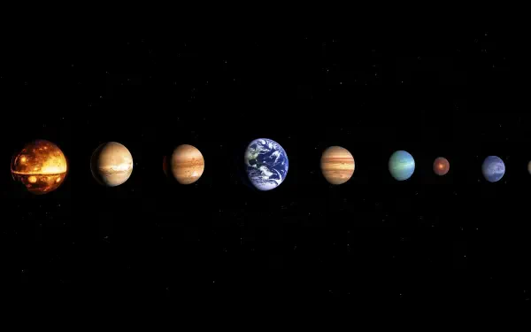 A stunning HD wallpaper depicting planetary alignment in space, showcasing the planets in our solar system against a black backdrop, emphasizing their unique features and colors.