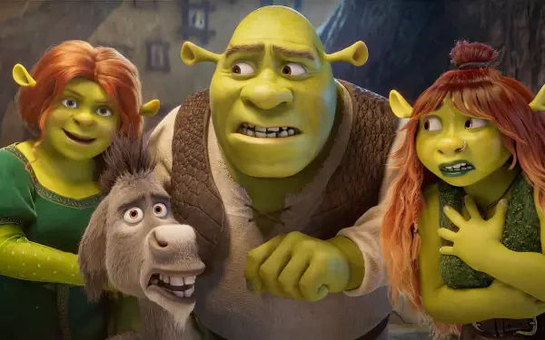 A vibrant HD wallpaper featuring characters from Shrek 5: Shrek, Princess Fiona, Donkey, and two other ogres, each displaying a mix of emotions in a whimsical setting.
