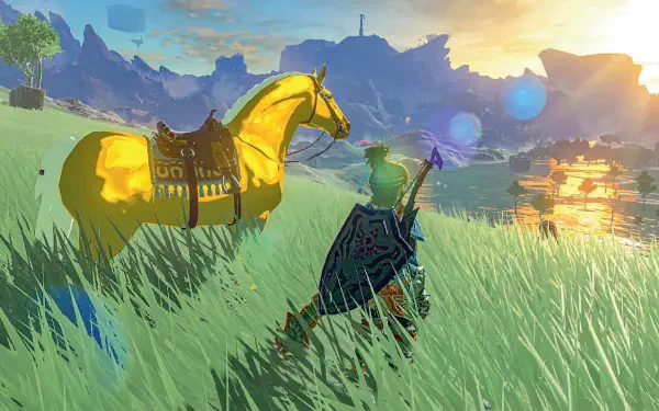 HD PC desktop wallpaper for The Legend of Zelda: Tears of the Kingdom — Link in tall grass beside a golden horse at sunset, with distant mountains and a glowing lake.