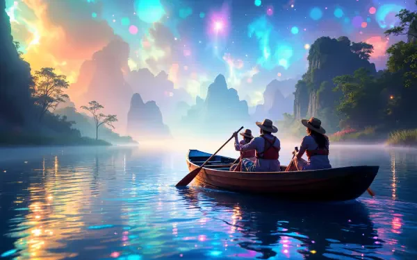 A serene 4K Ultra HD desktop wallpaper featuring a tranquil scene of people in a boat on a reflective lake, surrounded by lush mountains and a vibrant, colorful sky.