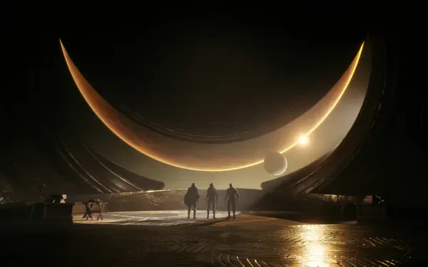 4K Ultra HD PC wallpaper of Dune: Awakening featuring silhouettes of figures against a glowing crescent celestial body in a vast desert landscape.