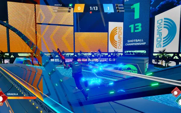 Action-packed Shotball championship scene featuring vibrant graphics and a dynamic arena. A player races towards the goal, set against a futuristic backdrop. Ideal HD wallpaper for gaming enthusiasts.