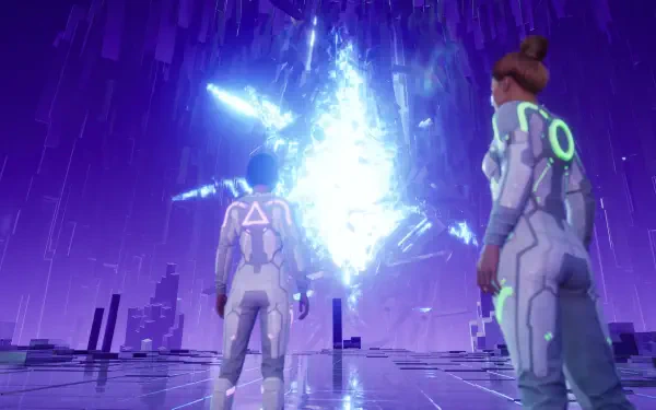 A vibrant HD wallpaper from the video game Split Fiction, featuring two characters in sleek suits gazing at a stunning blue portal amidst a futuristic landscape.