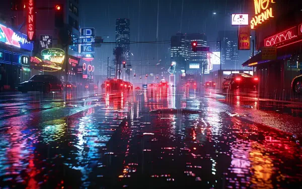 A vibrant futuristic city scene at night, featuring neon lights reflecting on rain-soaked streets, creating a striking HD desktop wallpaper atmosphere.