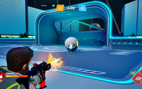 A vibrant HD PC desktop wallpaper showcasing a dynamic moment in the video game Shotball, featuring a character shooting at a ball within a futuristic arena.
