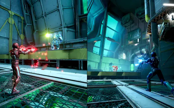 A dynamic scene from the video game Split Fiction, featuring two characters engaged in combat within a futuristic, high-tech environment. This HD wallpaper showcases vibrant colors and action.