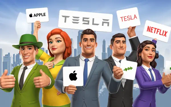 A vibrant 4K Ultra HD stock market themed wallpaper featuring animated characters holding signs for major companies like Apple, Tesla, and Netflix, set against a city skyline.