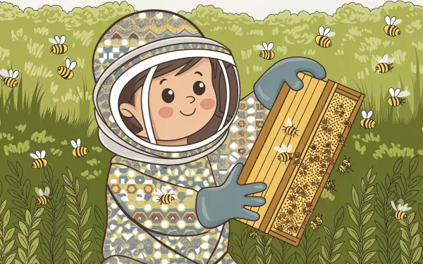A cheerful beekeeper in a patterned suit holds a honeycomb frame, surrounded by buzzing bees and vibrant greenery. This colorful illustration serves as a 4K Ultra HD desktop wallpaper.
