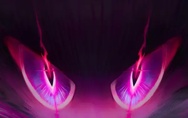 Close-up of Scaramouche’s glowing purple eyes from Genshin Impact, featured in a vibrant 4K Ultra HD PC desktop wallpaper background.