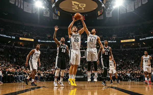 A dynamic San Antonio Spurs moment captured in a 4K Ultra HD wallpaper, featuring players in action on the court, showcasing the intensity of basketball.