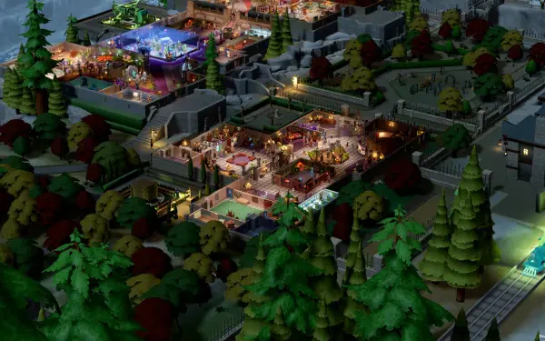 A vibrant HD wallpaper featuring a colorful scene from the video game Two Point Museum, showcasing intricate buildings and lush greenery in an engaging layout.