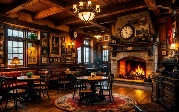 A cozy saloon interior with wooden beams, vintage decor, and a roaring fireplace, offering a warm atmosphere and inviting seating. 4K Ultra HD PC desktop wallpaper and background.