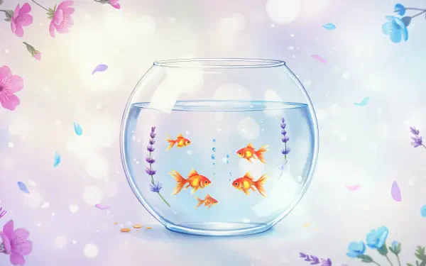 A serene fish bowl scene featuring vibrant goldfish surrounded by gentle floral accents, designed as a 4K Ultra HD PC desktop wallpaper and background.