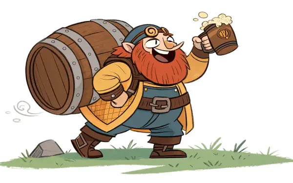 A happy Gragas from League of Legends, joyfully holding a mug of beer while carrying a barrel, set against a grassy background. 4K Ultra HD wallpaper for PC.
