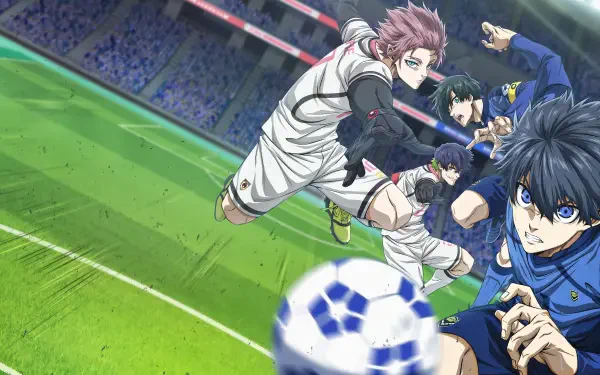 4K Ultra HD desktop wallpaper featuring dynamic Blue Lock anime characters in action on a soccer field, highlighting intense gameplay and vibrant colors.