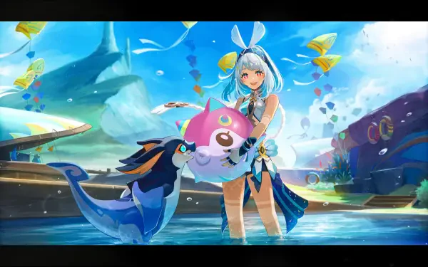 Mualani (Genshin Impact) Natlan 2K Quad HD video game wallpaper: wading in shallow water, holding a pink float with a dolphin companion and fluttering colorful petals.