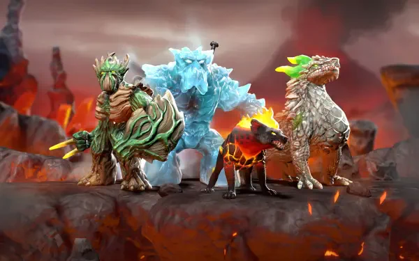 A captivating 4K Ultra HD wallpaper featuring monsters from the video game Eldrador Creatures Shadowfall, showcasing fierce creatures in a volcanic landscape.