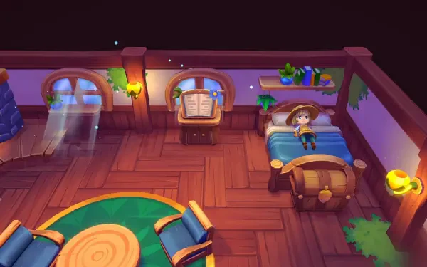 A cozy scene from the video game Sugardew Island, showcasing a charming farm shop interior with a character resting in bed, surrounded by warm lighting and wooden decor.