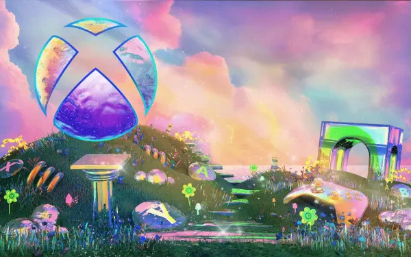 A vibrant HD wallpaper featuring a whimsical landscape with an oversized Xbox logo, colorful stones, and flowers, creating a fantasy gaming atmosphere.