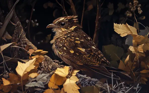 A detailed close-up of a nightjar perched among autumn leaves, showcasing its intricate plumage against a dark, natural background. This image serves as an HD wallpaper for nature enthusiasts.