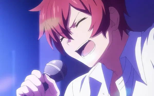 A vibrant HD anime scene from UniteUp! Uni:Birth, featuring a character passionately singing into a microphone, capturing the excitement of a performance.