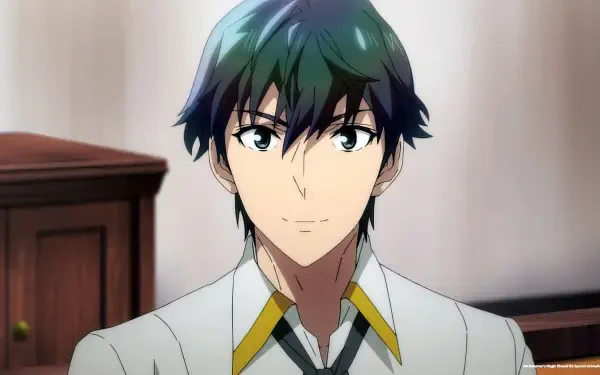 Anime character from A Returner's Magic Should Be Special, featuring a young man with dark hair and a confident smile, set against a softly blurred background. HD desktop wallpaper.