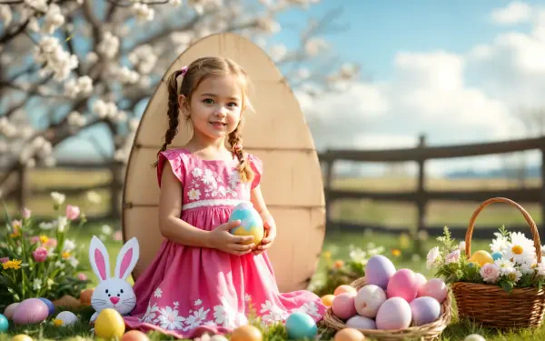 A young girl in a pink dress holds an Easter egg in a vibrant outdoor setting, surrounded by colorful eggs and a bunny decoration, framed by blossoming trees. A joyful Easter scene in 4K Ultra HD.