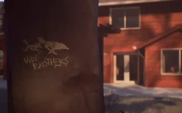 A HD wallpaper featuring a scene from Life Is Strange 2, showcasing the Wolf Brothers graffiti against a backdrop of a cozy, rustic house.