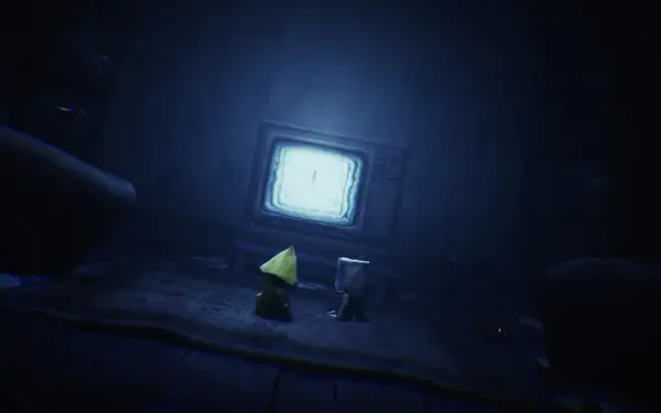 A dark, atmospheric wallpaper featuring Six from Little Nightmares, facing a flickering TV in a mysterious environment, capturing the eerie essence of the video game.