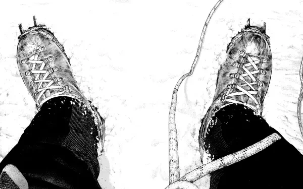 Detailed black-and-white manga illustration featuring climber's boots in snow, surrounded by climbing gear. This HD image represents the theme of The Climber for desktop wallpaper.
