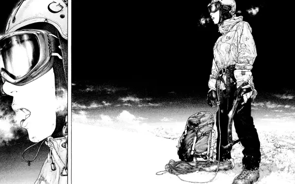 Manga-inspired HD wallpaper featuring Mori Buntarou from The Climber, depicting a climber in gear against a dramatic, snowy backdrop.
