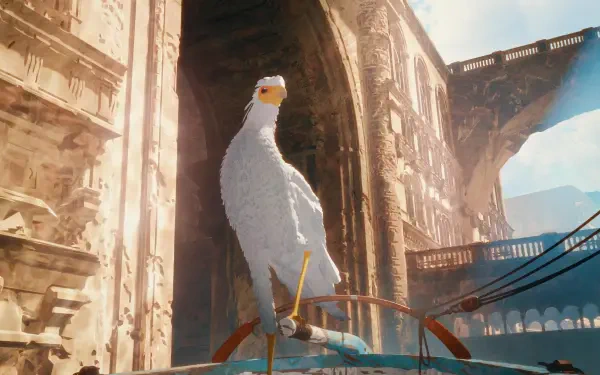A stylized white bird stands atop a structure in a beautifully detailed, post-apocalyptic setting, inspired by the upcoming movie Flow (2024). HD desktop wallpaper showcases vibrant visuals.