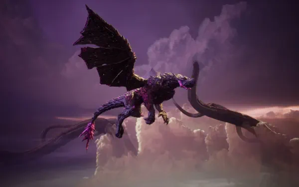 A dramatic HD wallpaper for the video game Split Fiction, featuring a fierce black dragon soaring through a mystical sky with vibrant clouds.