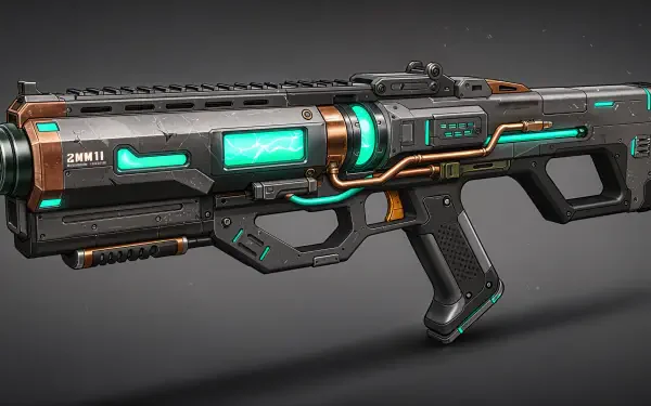 A detailed blaster with futuristic design elements and vibrant accents, set against a dark backdrop, showcased as a stunning 4K Ultra HD PC desktop wallpaper.