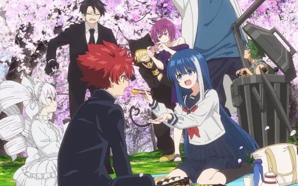 Anime 4K Ultra HD PC desktop wallpaper: Mission: Yozakura Family cast gathered under blooming cherry blossoms — blue-haired girl reaches toward seated red-haired boy as others look on.