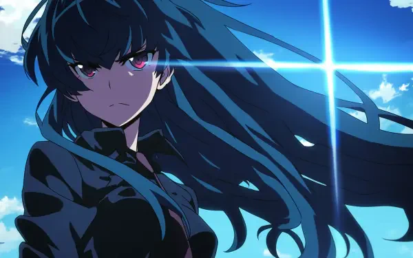 A striking HD wallpaper featuring Akame from Akame ga Kill! with flowing blue hair and intense red eyes against a bright sky backdrop.