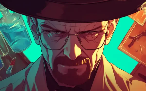 An artistic HD wallpaper featuring Walter White from the TV show Breaking Bad, showcasing his intense expression among laboratory equipment.