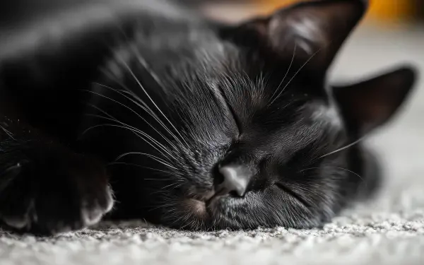 A close-up of a sleeping black cat, with its eyes closed and whiskers visible, captured in high definition, making for a charming desktop wallpaper or background.
