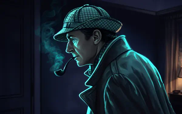 A vibrant 4K Ultra HD desktop wallpaper featuring Sherlock Holmes in profile, wearing his iconic hat and coat, with smoke curling from his pipe in a dimly lit setting.