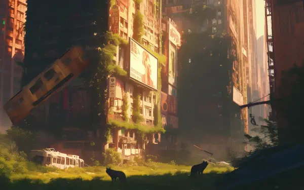 A striking post-apocalyptic scene depicts abandoned skyscrapers overtaken by nature, with hints of loneliness as two dark silhouettes wander through the overgrown cityscape. High-definition wallpaper.