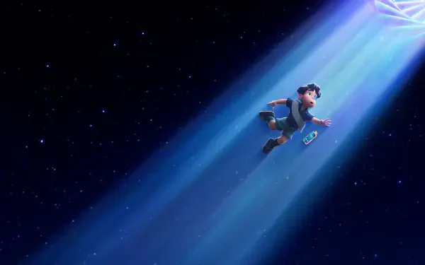 4K Ultra HD PC wallpaper featuring a scene from the movie Elio (2025) with a character floating upward through a starry sky illuminated by a radiant beam of light.