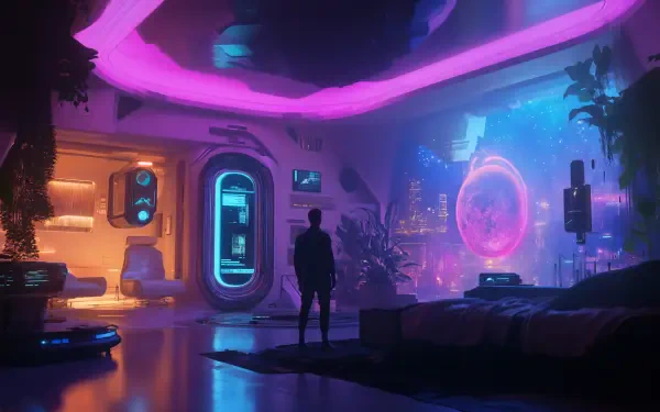 A stunning sci-fi cyberpunk interior, featuring vibrant neon lighting, futuristic design elements, and a contemplative figure against a backdrop of technology and urban scenery.