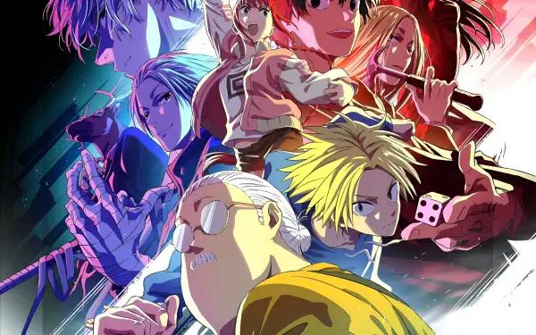 Vibrant Sakamoto Days anime 2K Quad HD PC desktop wallpaper featuring Sakamoto and the ensemble cast in dynamic, colorful action poses and dramatic lighting.